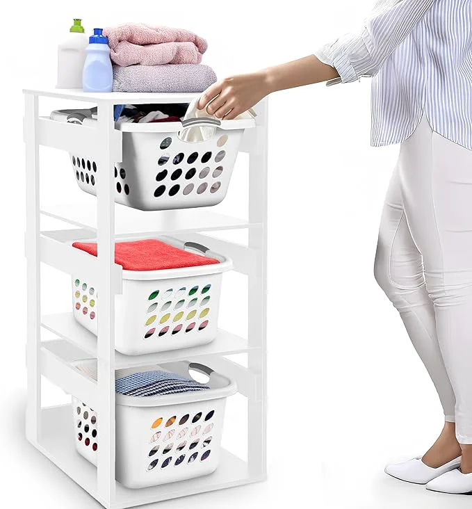 Convenient Laundry Basket Holder Shelf – Stackable Engineered Wood Laundry Tower Tiered Hamper Organizer for Bathroom Bedroom Closet White 3 Tier About ThisOverview Fine Crafted