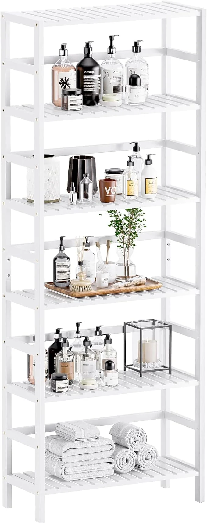 Convenient HITNET Bookshelf 6-Tier Tall Bookcase standing Bamboo Book Shelf Bathroom Storage Organizer with Adjustable Shelves WhiteAbout ThisOverview Genuine