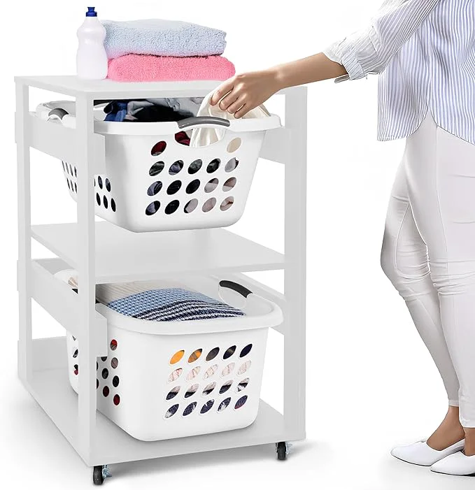 Sophisticated Laundry Basket Holder Shelf – Stackable Engineered Wood Laundry Tower with Wheels Tiered Laundry Hamper Organizer for Bathroom Bedroom Closet White 2 Tier About ThisOverview Verified