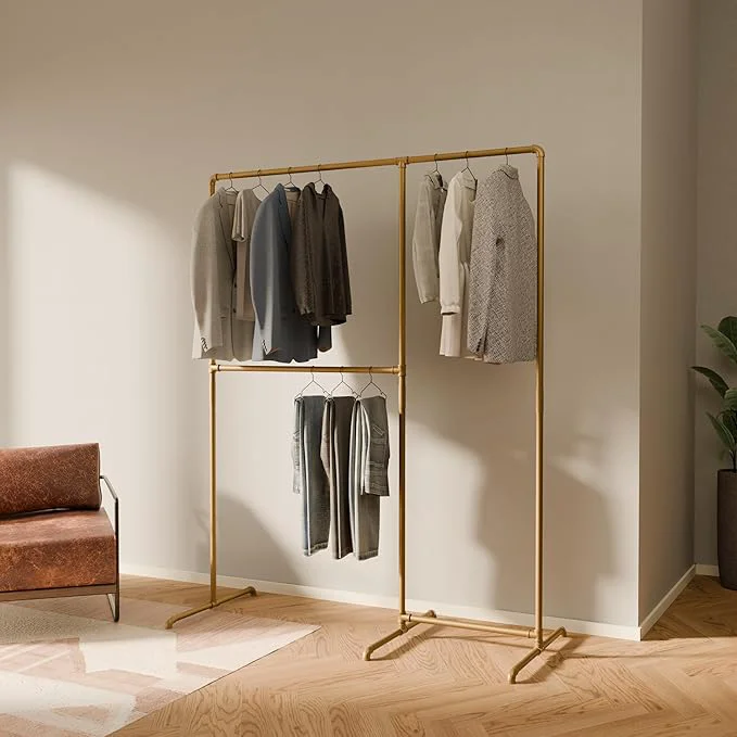 Trusted pamo Gold Clothing Rack – 59.84 W x 76.38 H – Industrial Pipe Metal Garment Organizer for Bedroom or Retail – Heavy-Duty Clothes Rack – Easy AssemblyAbout ThisOverview Recyclable