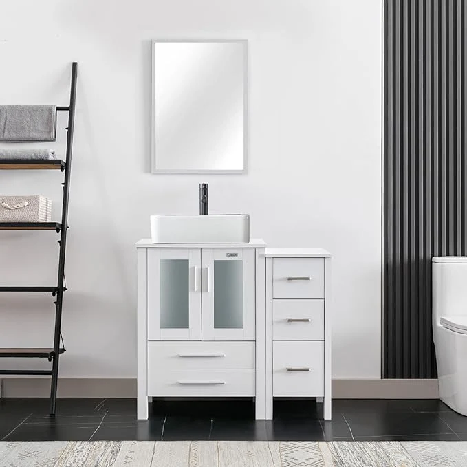 Professional eclife 36 Modern Bathroom Vanity Sink Combo standing Cabinet with Small Side Cabinet White Black Ceramic Vessel Sink Water Save Faucet Drain White T03BK About ThisOverview Contemporary