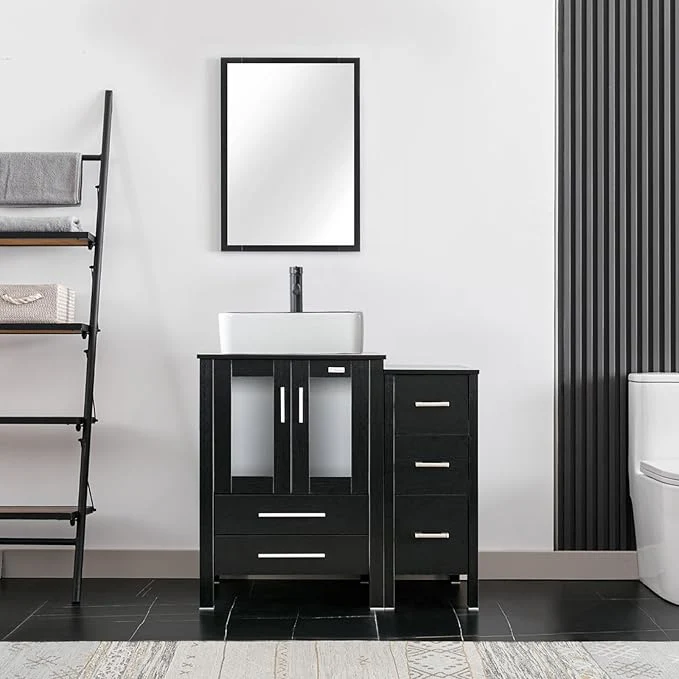 Convenient eclife 36 Modern Bathroom Vanity Sink Combo standing Cabinet with Small Side Cabinet White Black Ceramic Vessel Sink Water Save Faucet Drain Black T03BK About ThisOverview Innovative