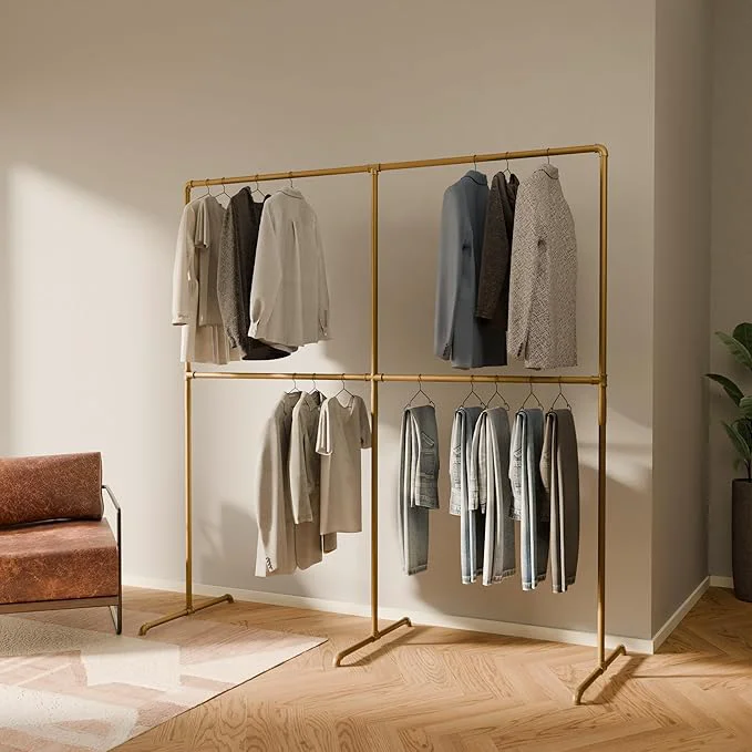 Expertly Made pamo Gold Clothing Rack – 76.77 W x 76.38 H – Industrial Pipe Metal Garment Organizer for Bedroom or Retail – Heavy-Duty Clothes Rack – Easy AssemblyAbout ThisOverview Fine