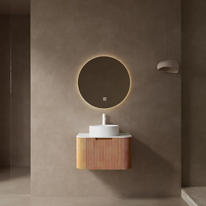 Expertly Made KEIKI 24 Bathroom Vanity Cabinet with Sink Combo Wall Mounted Curved Edges Striped Floating Bathroom Vanity with Soft-Close Drawer White Round Ceramic Basin Without Faucet Natural WoodAbout ThisOverview Contemporary