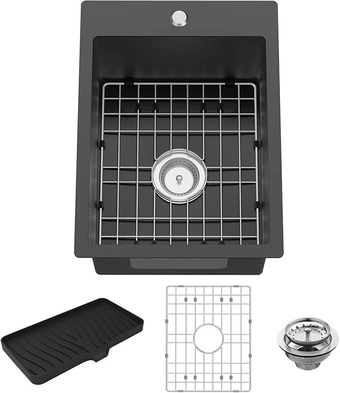 Luxury Small Black Kitchen Sink 15x20 Inch Stainless Steel Drop In Toprmount Kitchen Bar Sink I Choice For Small Space Prep Area RV With Bottom Grid Soap Mat And Drain AssemblyAbout ThisOverview Natural