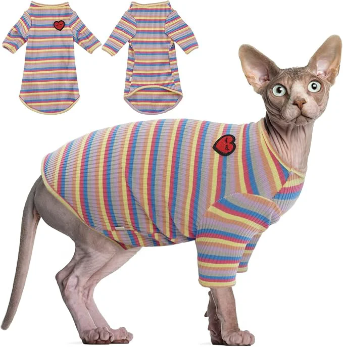 DENTRUN Hairless Cats Shirt Breathable Cat Daily Wear Clothes Stripe Vest Next-Generation