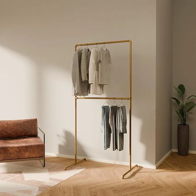Verified pamo Gold Clothing Rack – 38.98 W x 76.38 H – Industrial Pipe Metal Garment Organizer for Bedroom or Retail – Heavy-Duty Clothes Rack – Easy AssemblyAbout ThisOverview Smooth