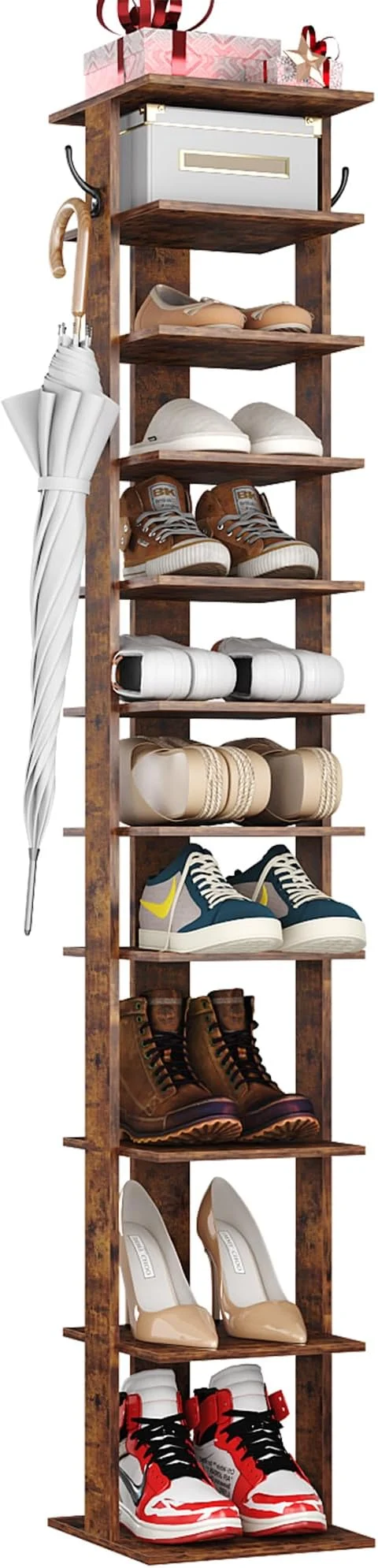 Premium HOMEFORT 10-Tier Vertical Shoe Rack Corner Shoe Tower Slim Shoe Organizer with Two Hanging Hooks Wooden Shoe Storage Stand for Entryway Hallway Closet Rustic BrownAbout ThisOverview Recyclable
