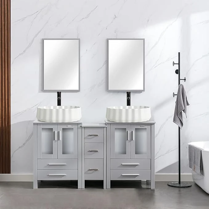 Functional eclife 60 Modern Bathroom Vanity Sink Combo standing Cabinet with Small Side Cabinet White Shell Ceramic Vessel Sink Water Save Faucet Drain Gray T54 About ThisOverview Fine