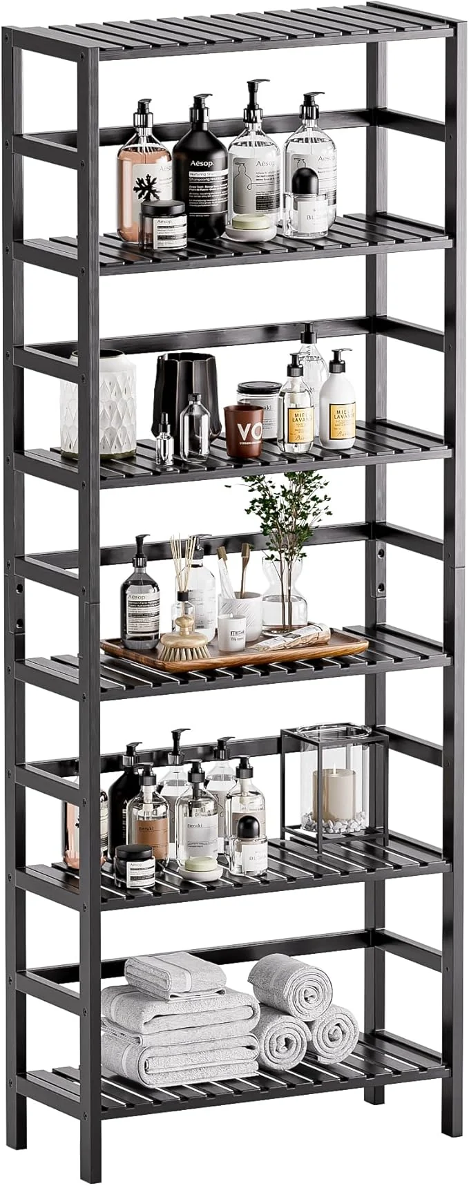 Premium Material HITNET Bamboo Bookshelf 6-Tier Tall Open Bookcase with Adjustable Shelves Floor Standing Storage Shelf Unit for Living Room Bathroom Home Office BlackAbout ThisOverview Solid