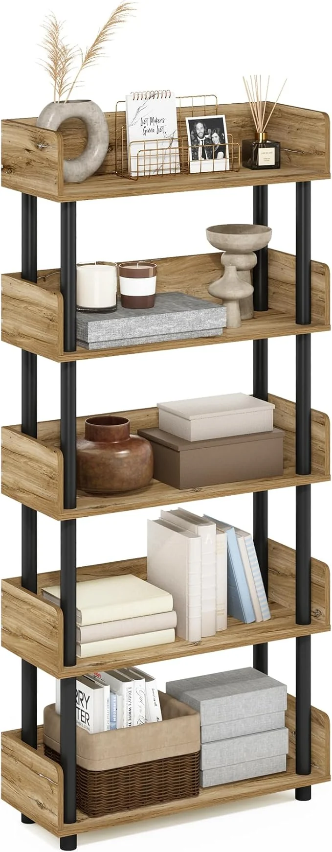 Eco-Friendly Furinno Turn-N-Tube 5-Tier Multipurposes Display Rack Open Shelf Rack Storage with back side panel Flagstaff Oak BlackAbout ThisOverview Efficient