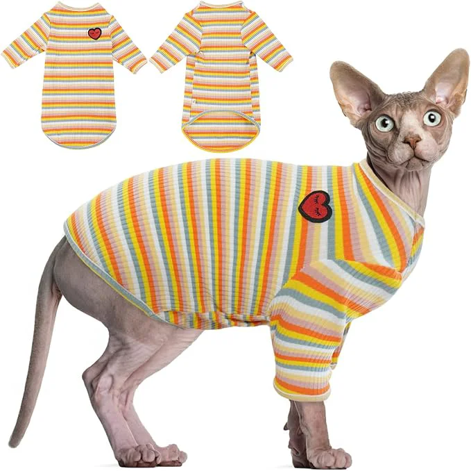 DENTRUN Hairless Cats Shirt Breathable Cat Daily Wear Clothes Stripe Vest Organic