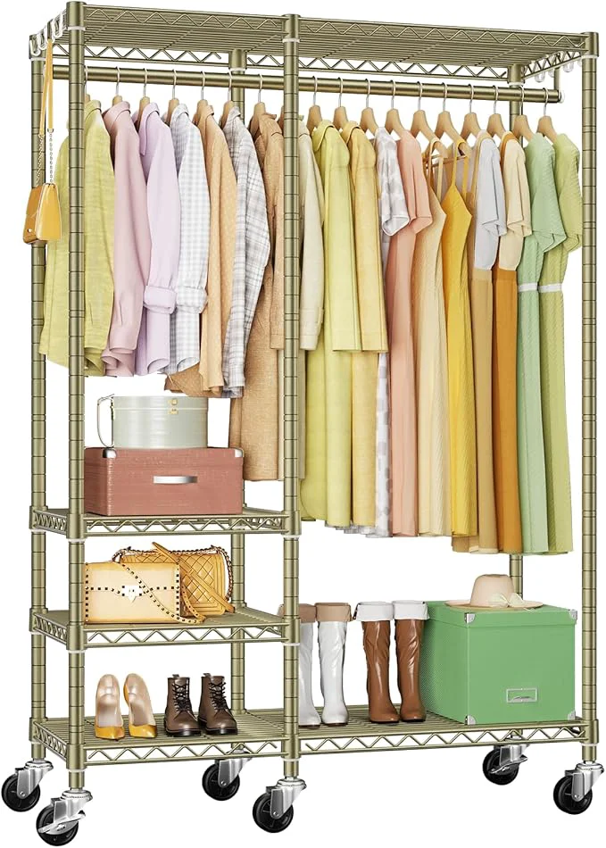 Trendy Ulif F4R Heavy Duty Clothes Rack With Lockable Wheels Rolling Clothing Racks for Hanging Clothes，Adjustable Closet Organizer System，Portable Garment Rack 45 W x 15.8 D x 73.5 H，Max Load 650LBS GoldAbout ThisOverview Luxury