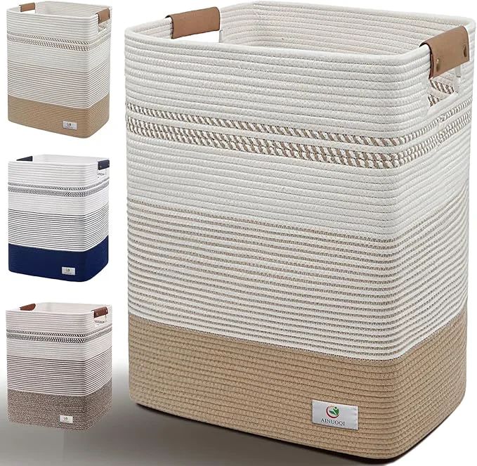Casual Laundry Hamper Large Laundry Basket with Leather Handles Decorative Storage Cotton Rope Woven Basket for Blankets Clothes Hamper for Living Room Jute White 85LAbout ThisOverview Soft
