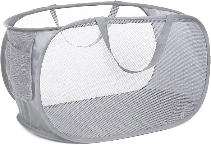 Verified Durable Collapsible Laundry Baskets Mesh Pop Up Laundry Hamper with Side Pocket Foldable Clothes Storage Hamper with Reinforced Carry Handles for Laundry Bathroom Kids Room Dorm or Travel GreyAbout ThisOverview Refined