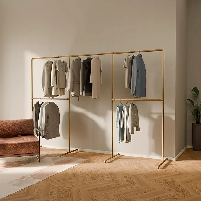 Artisan pamo Gold Clothing Rack – 114.17 W x 76.38 H – Industrial Pipe Metal Garment Organizer for Bedroom or Retail – Heavy-Duty Clothes Rack – Easy AssemblyAbout ThisOverview Innovative