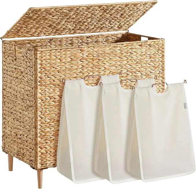 SONGMICS Laundry Hamper 3 Sections 47.5 Gal. 180 L Handwoven Water Hyacinth Wicker Laundry Basket with Lid Natural Material Removable Machine Washable Liners Handles Natural ULCB203Y01About ThisOverview Modern