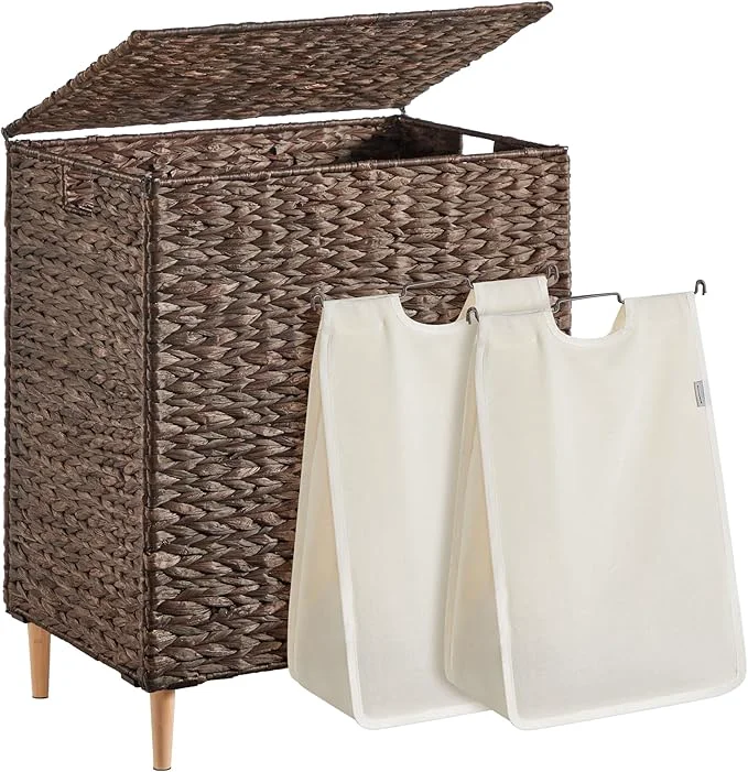 Quality SONGMICS Laundry Hamper 2 Sections 34.3 Gal. 130 L Handwoven Water Hyacinth Wicker Laundry Basket with Lid Natural Material Removable Machine Washable Liners Handles Espresso ULCB202K01About ThisOverview Practical