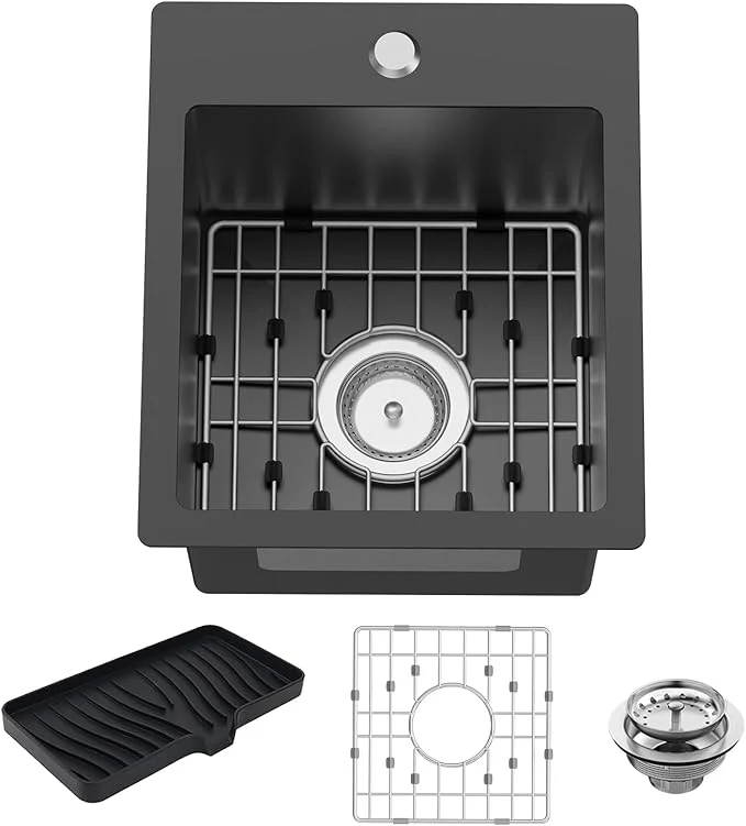Luxury Small Black Kitchen Sink 13x15 Inch Stainless Steel Drop In Topmount Kitchen And Bar Sink I Choice For Small Space Prep Area RV With Bottom Grid Soap Mat And Drain AssemblyAbout ThisOverview Outstanding