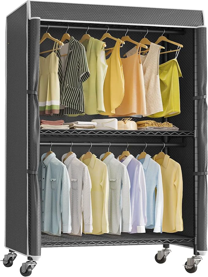 Comfortable VIPEK R2C Plus Heavy Duty Rolling Garment Racks with Cover Clothing Rack for Hanging Clothes Portable Closet with Adjustable Wire Shelving Double Rods Black Rack with Black Upgarded Polyester CoverAbout ThisOverview Verified
