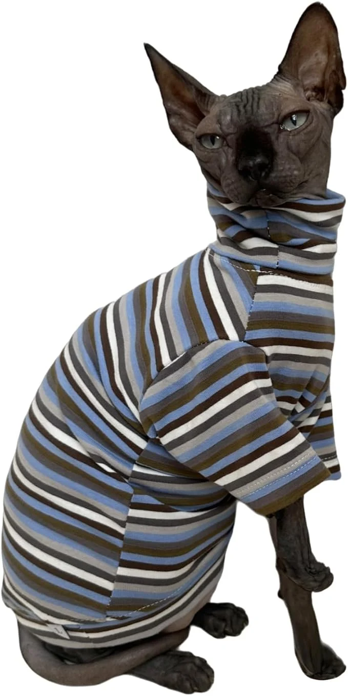 Breathable Vintage Stripes Sphynx Hairless Cats Shirt Cotton Cat Turtleneck Pet Clothes Smart