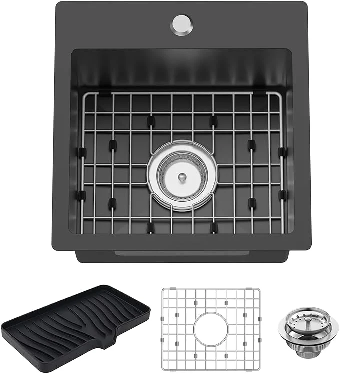 Specialty Small Black Kitchen Sink 15x15 Inch Stainless Steel Drop In Topmount Kitchen And Bar Sink I Choice For For Small Space Prep Area RV With Bottom Grid Soap Mat And Drain AssemblyAbout ThisOverview Effective