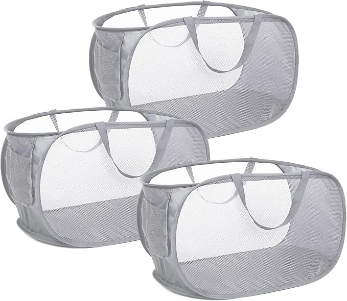 Casual 3 Pack Collapsible Laundry Baskets Foldable Laundry Basket with Pocket Mesh Pop Up Hampers Reinforced Handles Dirty Clothes Hamper for Laundry Bedroom Bathroom Dorm Travel or Camping GreyAbout ThisOverview Responsible