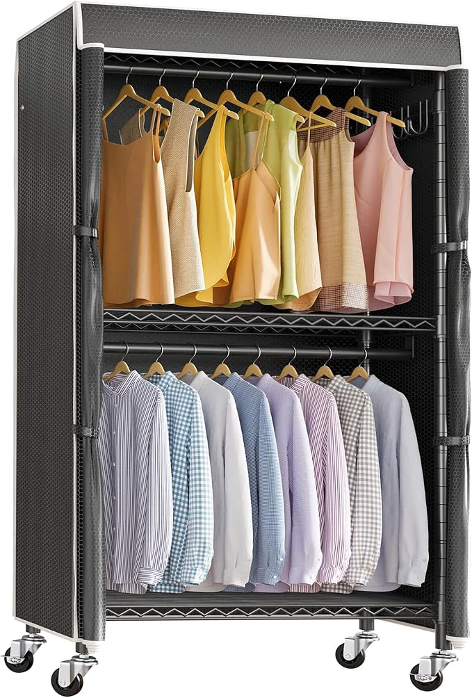 Premium Material VIPEK R2C Medium Heavy Duty Clothes Rack Rolling Garment Rack with Cover Adjustable Clothing Rack for Hanging Clothes Portable Closets with Double Rods Black Rack with Black Upgarded Polyester CoverAbout ThisOverview Durable