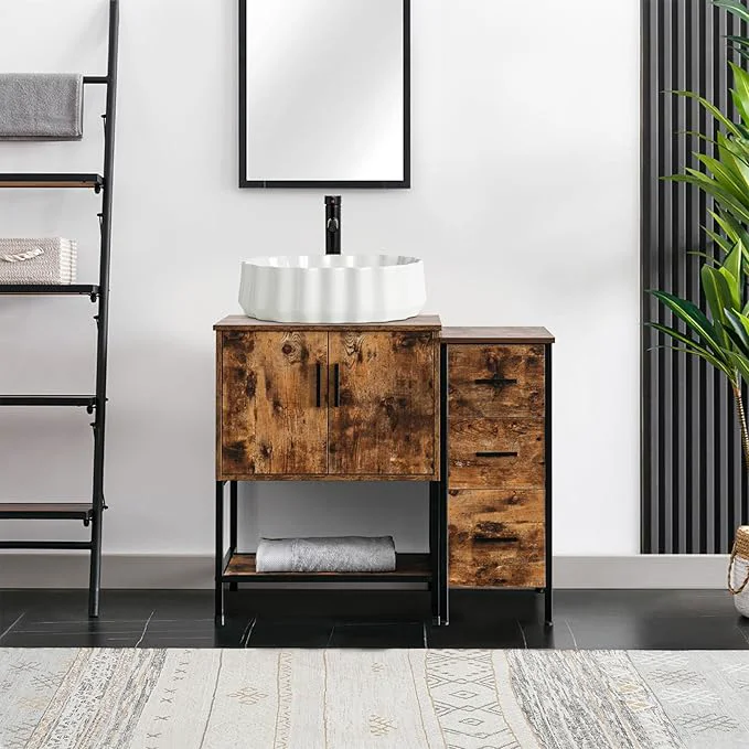 Smooth eclife 36 Bathroom Vanity Sink Combo Modern Metal Stand Cabinet W Bottom Shelf Storage Side Cabinet White Shell Vessel Sink Water Save Faucet Pop Up Drain Rustic Brown T54 About ThisOverview Outstanding