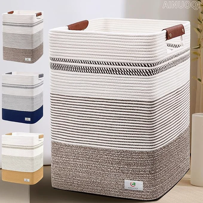 Official Laundry Hamper - Tall Woven Rope Laundry Basket - Clothes hamper with Leather Handles 17.8 X 13.8 X 22 Blanket Storage Basket for Living Room Rice Brown WhiteAbout ThisOverview First-Class