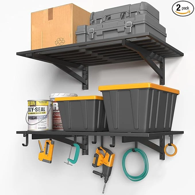 Enhanced 2-Pack 2x3ft Garage Shelving Wall Mounted 2' x 3' Heavy Duty Garage Storage Shelves with Hooks 400LB CapacityAbout ThisOverview Original