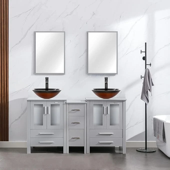 Fine eclife 60 Modern Bathroom Vanity Sink Combo standing Cabinet with Small Side Cabinet Brown Square Glass Vessel Sink Water Save Faucet Drain Gray A48 About ThisOverview Detailed