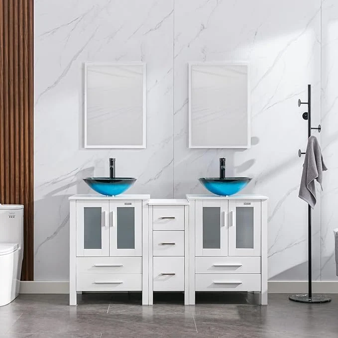 Healthy eclife 60 Modern Bathroom Vanity Sink Combo standing Cabinet with Small Side Cabinet Turquoise Square Glass Vessel Sink Water Save Faucet Drain White A10 About ThisOverview Luxury