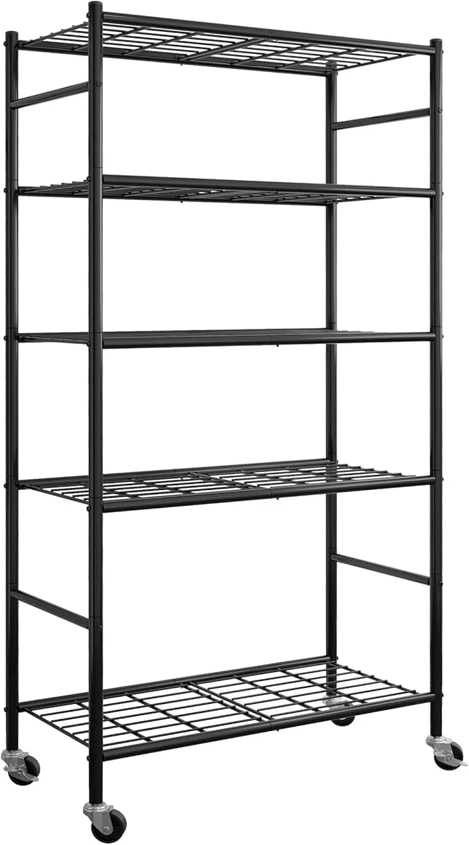 High-Performance Storage Shelves Organizer - 5 Tier Metal Shelf Organizer with Metal Wheels and Adjustable Leveling Feet Heavy Duty Garage Shelving for Kitchen Pantry and Closet 33.1 x12.6 x73.5 BlackAbout ThisOverview High-Quality