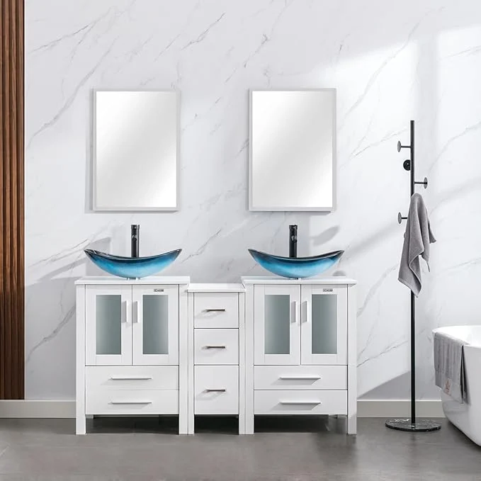 Recyclable eclife 60 Modern Bathroom Vanity Sink Combo standing Cabinet with Small Side Cabinet Blue Boat Glass Vessel Sink Water Save Faucet Drain White A29BU About ThisOverview Green