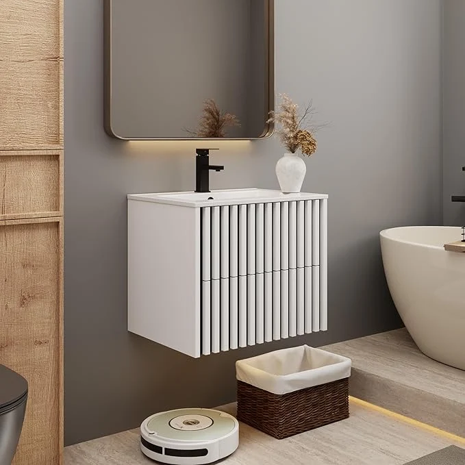 Smooth eclife 24 Floating Bathroom Vanity with Sink Combo Modern Wall Mounted Cabinet with 2 Fluted Drawers Undermount Sink Faucet Drain Mixed WhiteAbout ThisOverview Artisan