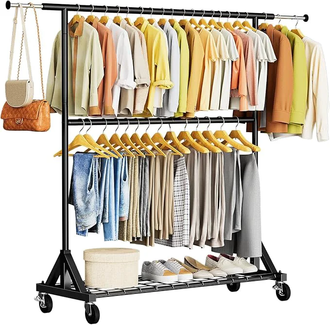 Unique Luxspire Heavy Duty Clothes Rack Load 600 LBS Double Rod Clothing Rack Rolling Garment Racks with Lockable Wheels Shelves Adjustable Laundry Hanging Racks for Clothes BlackAbout ThisOverview Solid