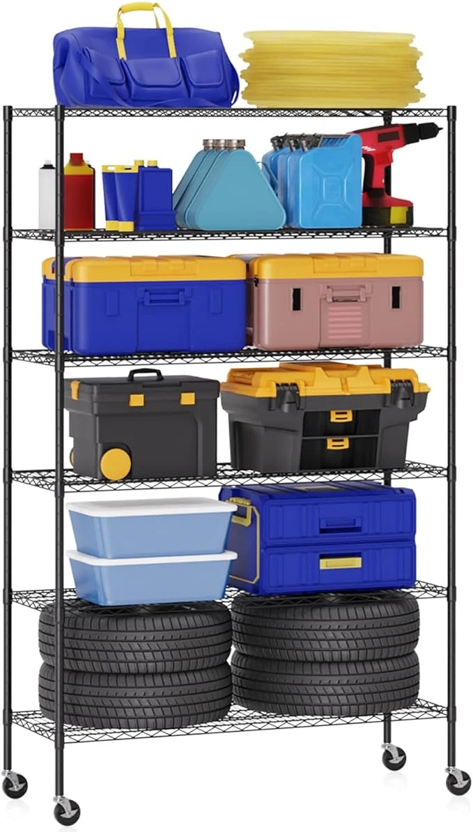 Professional Office 6-Tier Wire Storage Shelves with Wheels 48x18x77 Black Adjustable Racks Heavy-Duty Metal Shelf Holds Upto 600 lbs No-Tool Assembly I for Home Garage ShelvingAbout ThisOverview High-Grade