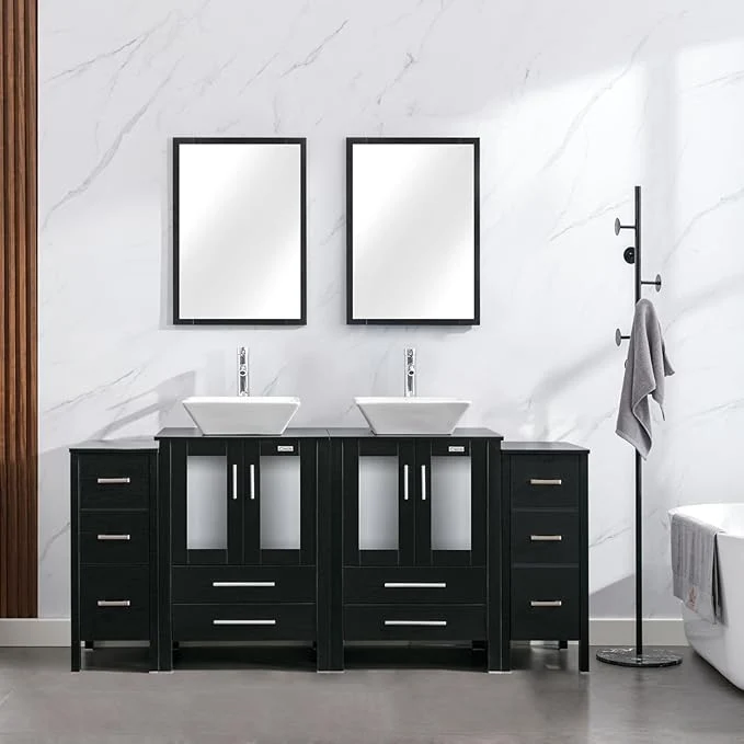 Professional eclife 72 Modern Bathroom Vanity Sink Combo standing Cabinet with Small Side Cabinet White Square Ceramic Vessel Sink Water Save Faucet Drain Black A07 About ThisOverview Clean