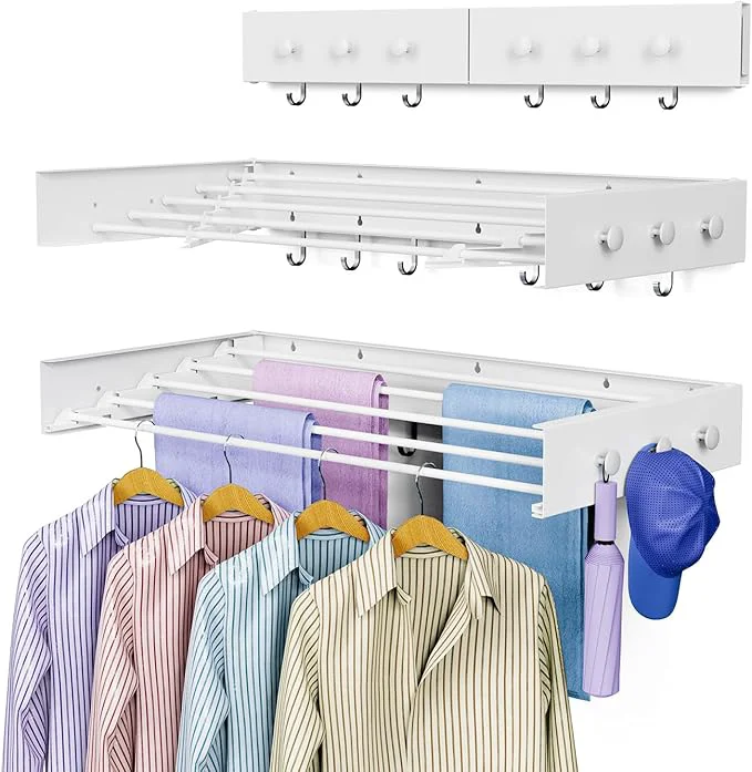 Safe Drying Rack Clothing Clothes Drying Rack Wall Mounted Laundry Drying Rack Wall Mount Foldable Collapsible 60 lb Capacity 5 Aluminium Poles with 6 Hooks White 31.5'' About ThisOverview Top-Quality