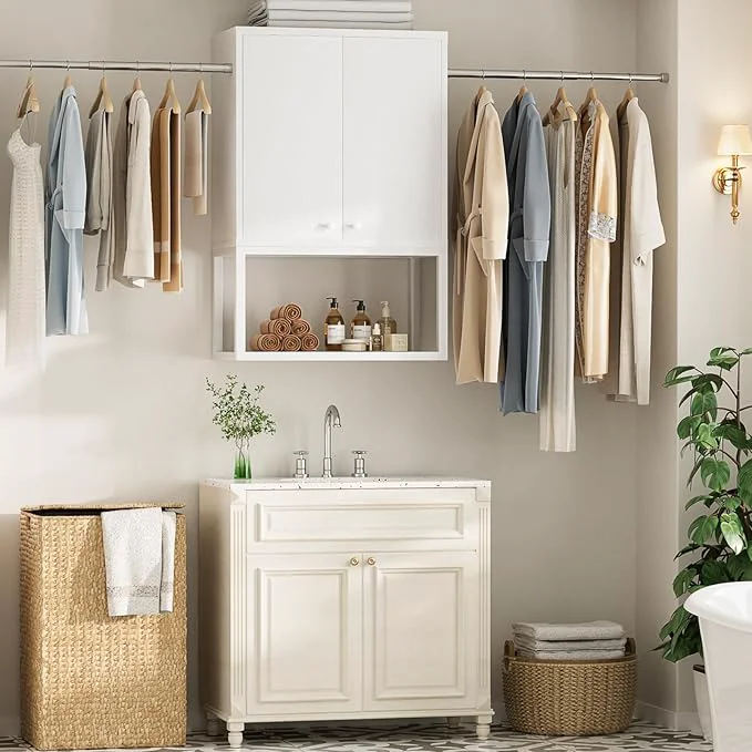 Excellent Homieasy Wall Cabinet with 2 Hanging Rods 67'' Wide Laundry Wall Cabinet with 2 Doors Open Rack Adjustable Inner Shelf Storage Cabinet Wall Mounted for Laundry Bathroom WhiteAbout ThisOverview Crafted