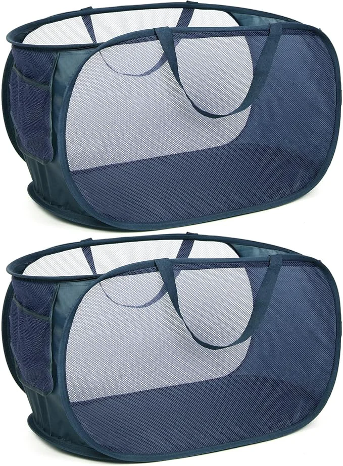 Original Design Durable Collapsible Laundry Baskets Mesh Pop Up Laundry Hamper with Side Pocket Foldable Clothes Hamper with Reinforced Carry Handles for Laundry Bathroom Kids Room Dorm Travel 2 Pack Navy BlueAbout ThisOverview Premium Material