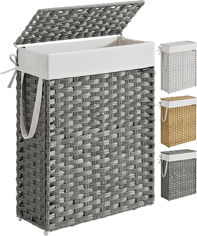 Reusable SONGMICS Slim Laundry Hamper with Lid 14.5 Gallon 55L Rattan Clothes Laundry Basket with Lid and Handles Foldable Removable Liner Dove Gray ULCB164G01About ThisOverview Crafted