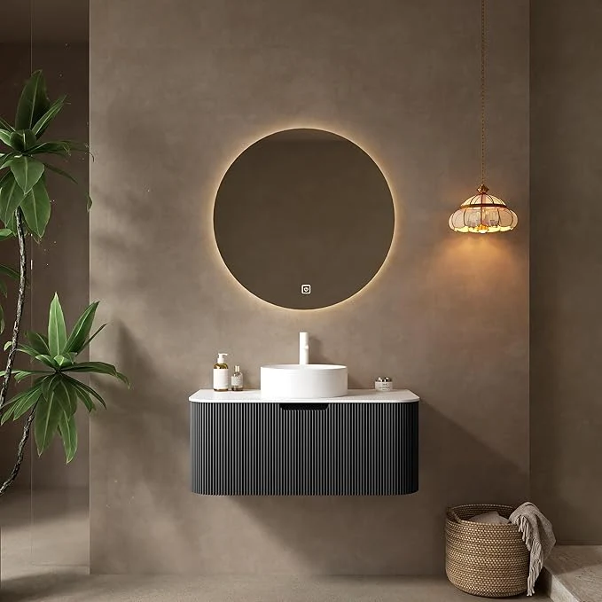 Responsible KEIKI 36 Bathroom Vanity Cabinet with Sink Combo Wall Mounted Curved Edges Striped Floating Bathroom Vanity with Soft-Close Drawer White Round Ceramic Basin Without Faucet BlackAbout ThisOverview Sustainable