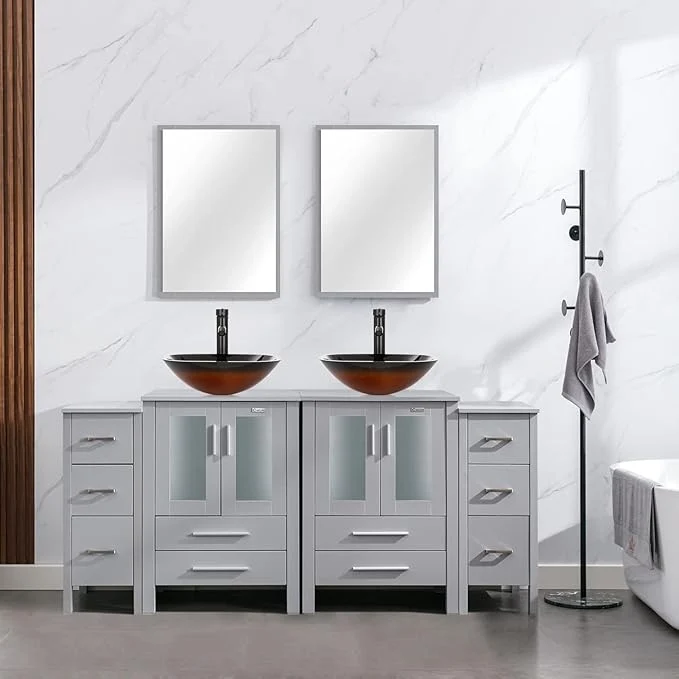 High-Performance eclife 72 Modern Bathroom Vanity Sink Combo standing Cabinet with Small Side Cabinet Brown Square Glass Vessel Sink Water Save Faucet Drain Gray A48 About ThisOverview Responsible
