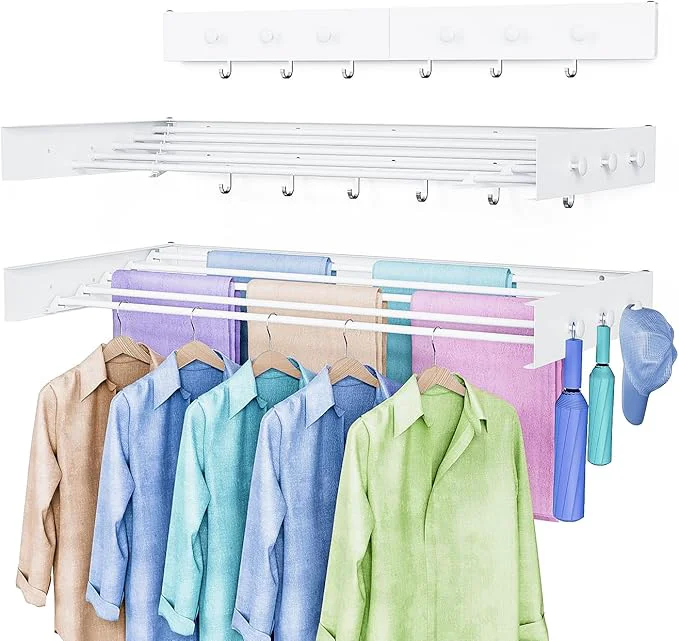 Stylish Drying Rack Clothing Clothes Drying Rack Wall Mounted Laundry Drying Rack Wall Mount Foldable Collapsible 60 lb Capacity 5 Aluminium Poles with 12 Hooks Space Saving Clothes Drying Rack White 40 About ThisOverview High-Grade