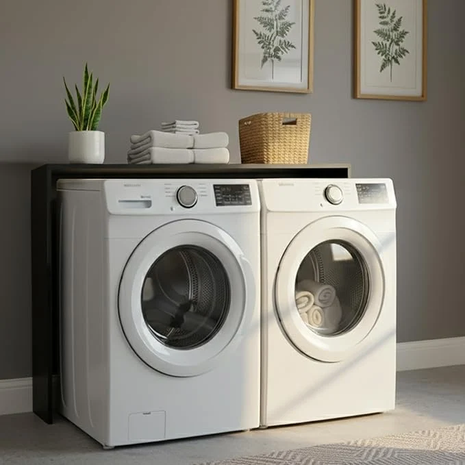 Carefully Designed Over Washer and Dryer Shelf - Engineered Wood Laundry Room Organizer with Side Panels - Utility Topper for Storage Folding Surface Laundry Supplies Detergent and DécorAbout ThisOverview Smart