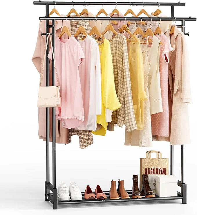 Eco-Friendly Clothes Rack for Hanging Cloth Double Rods Metal Clothes Rack with Storage Shelf and Coat Hat Hook standing Clothing Rack for Bedroom Laundry Cloakroom BlackAbout ThisOverview Comfortable