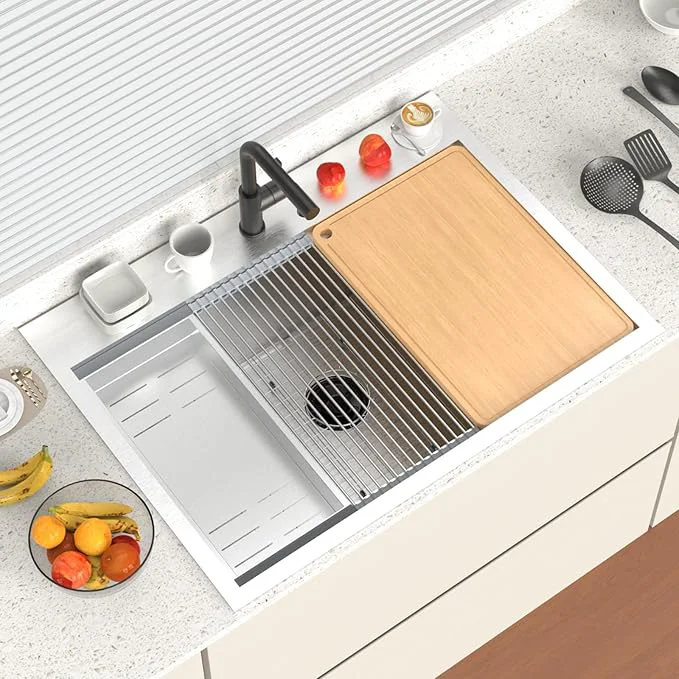 Long-Lasting ROUN 30 Inch Stainless Steel Drop In Kitchen Utility Sink Workstation Deep Single Bowl Integrated Ledge Multifunctional Workstation Sink Set SilverAbout ThisOverview World-Class