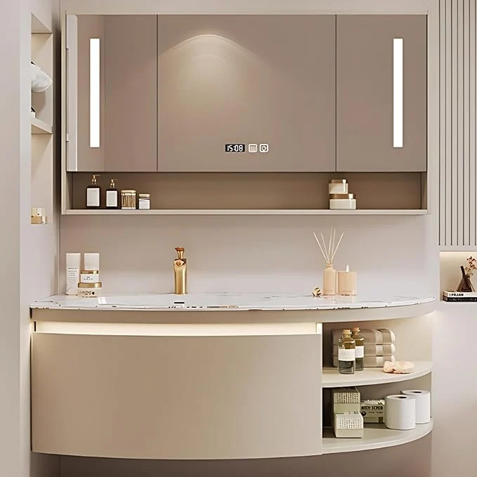 User-Friendly 58IN Floating Bathroom Vanity Wall Mounted Wood Sink Cabinet with Smart Sensor LED Light Strip Open Style Side Cabinet LED Lights Defogging Function Single Sink Vanities Set Beige About ThisOverview Classic